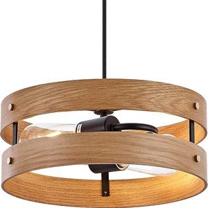 TeHenoo 2-Light Farmhouse Pendant with Metal & Light Wood Finish